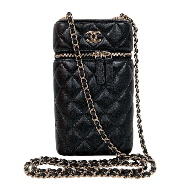 CHANEL VANITY PHONE CASE SHOULDER BAG: CHANEL Vanity Phone Case Shoulder Bag Brand: CHANEL Type: Handbag Material: Lamb Color: black Size: W: 10.5cm / H: 18cm / D: 4cm Accessories: None Accessories Notice: When purchasing pre-o
