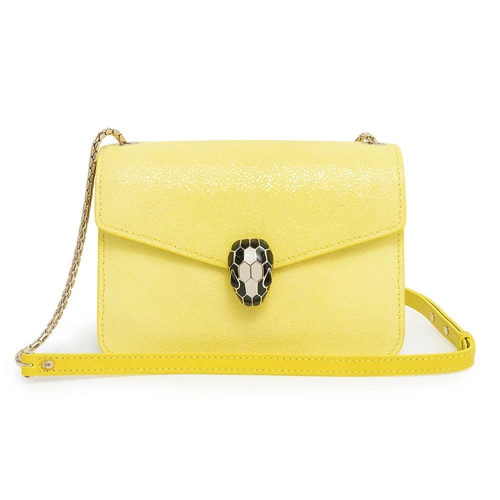 BVLGARI SERPENTI FOREVER SHOULDER BAG: BVLGARI Serpenti Forever Shoulder Bag Brand: BVLGARI Type: Handbag Material: Galuchat / Smooth Calf Leather Color: Daisy Topaz (Yellow) Size: W: 19cm x H: 13cm x D: 7cm Accessories: None Accessories