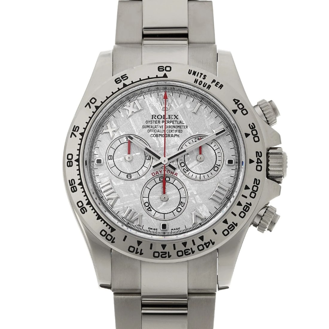 ROLEX COSMOGRAPH DAYTONA METEOLITE WATCH: ROLEX Cosmograph Daytona Meteolite Watch Brand: ROLEX Type: Wristwatch Material: Band Material White gold, Case Material White gold Color: Dial Color Meteolite Size: ??Case? H/about 40mm W/about 40mm 