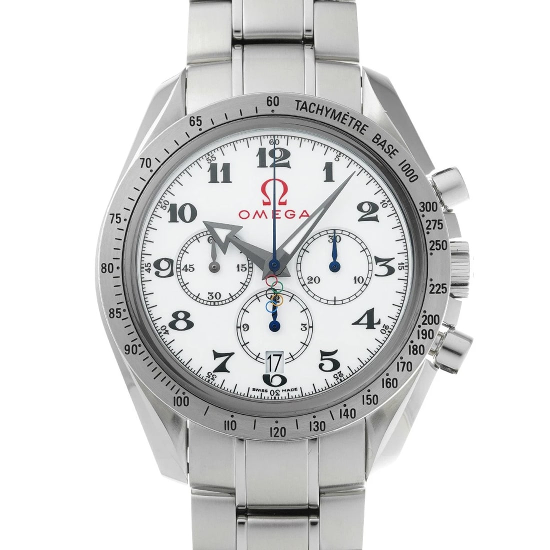 OMEGA SPEEDMASTER CO AXIAL WATCH: OMEGA Speedmaster Co axial Watch Brand: OMEGA Type: Wristwatch Material: Band Material Stainless steel, Case Material Stainless steel Color: Dial Color white Size: ??Case? H/about 42mm W/about 42mm D/