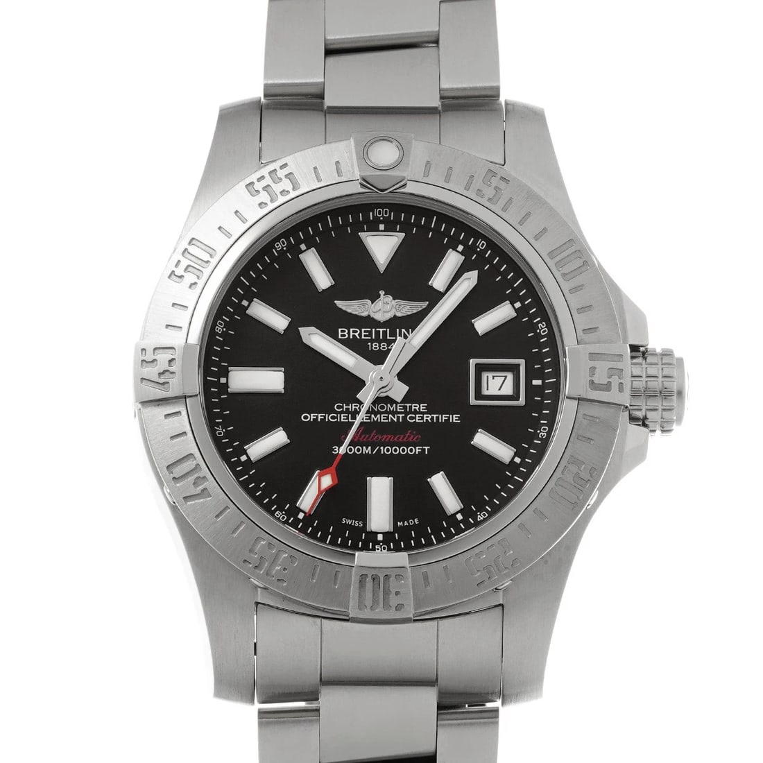 BREITLING AVENGER BLACK WATCH: BREITLING Avenger black Watch Brand: BREITLING Type: Wristwatch Material: Band Material Stainless steel, Case Material Stainless steel Color: Dial Color black Size: ??Case? H/about 45mm W/about 45mm D