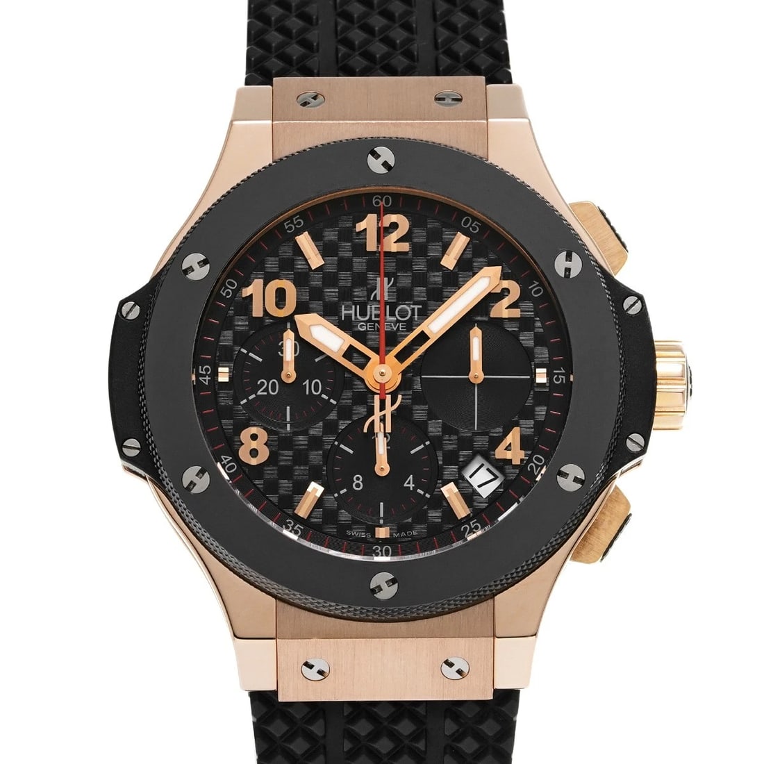 HUBLOT BIG BANG GOLD CERAMIC BLACK CARBON WATCH: HUBLOT Big Bang Gold Ceramic Black carbon Watch Brand: HUBLOT Type: Wristwatch Material: Band Material rubber, Case Material Pink gold Color: Dial Color Black carbon Band Color black Size: ??Case? H/a