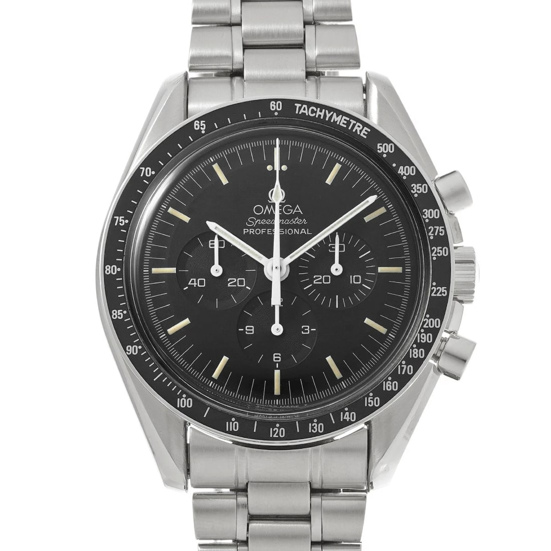 OMEGA SPEEDMASTER PROFESSIONAL BLACK WATCH: OMEGA Speedmaster Professional black Watch Brand: OMEGA Type: Wristwatch Material: Band Material Stainless steel, Case Material Stainless steel Color: Dial Color black Size: ??Case? H/about 42mm W/abo