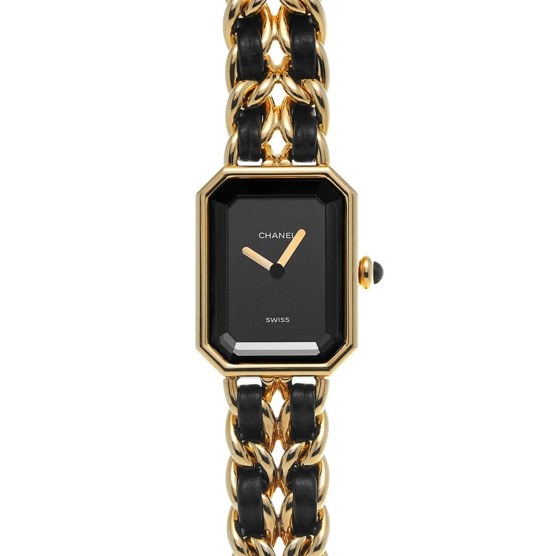 CHANEL PREMIRE BLACK WATCH: CHANEL Premire black Watch Brand: CHANEL Type: Wristwatch Material: Band Material Yellow gold plated/leather, Case Material Yellow gold plated Color: Dial Color black Size: ??Case? H/about 26mm W/abou