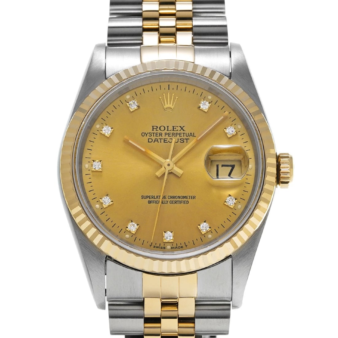 ROLEX DATEJUST CHAMPAGNE DIAMOND WATCH: ROLEX Datejust Champagne diamond Watch Brand: ROLEX Type: Wristwatch Material: Band Material Stainless steel/Yellow Gold, Case Material Stainless steel Color: Dial Color Champagne/diamond Size: ??Case