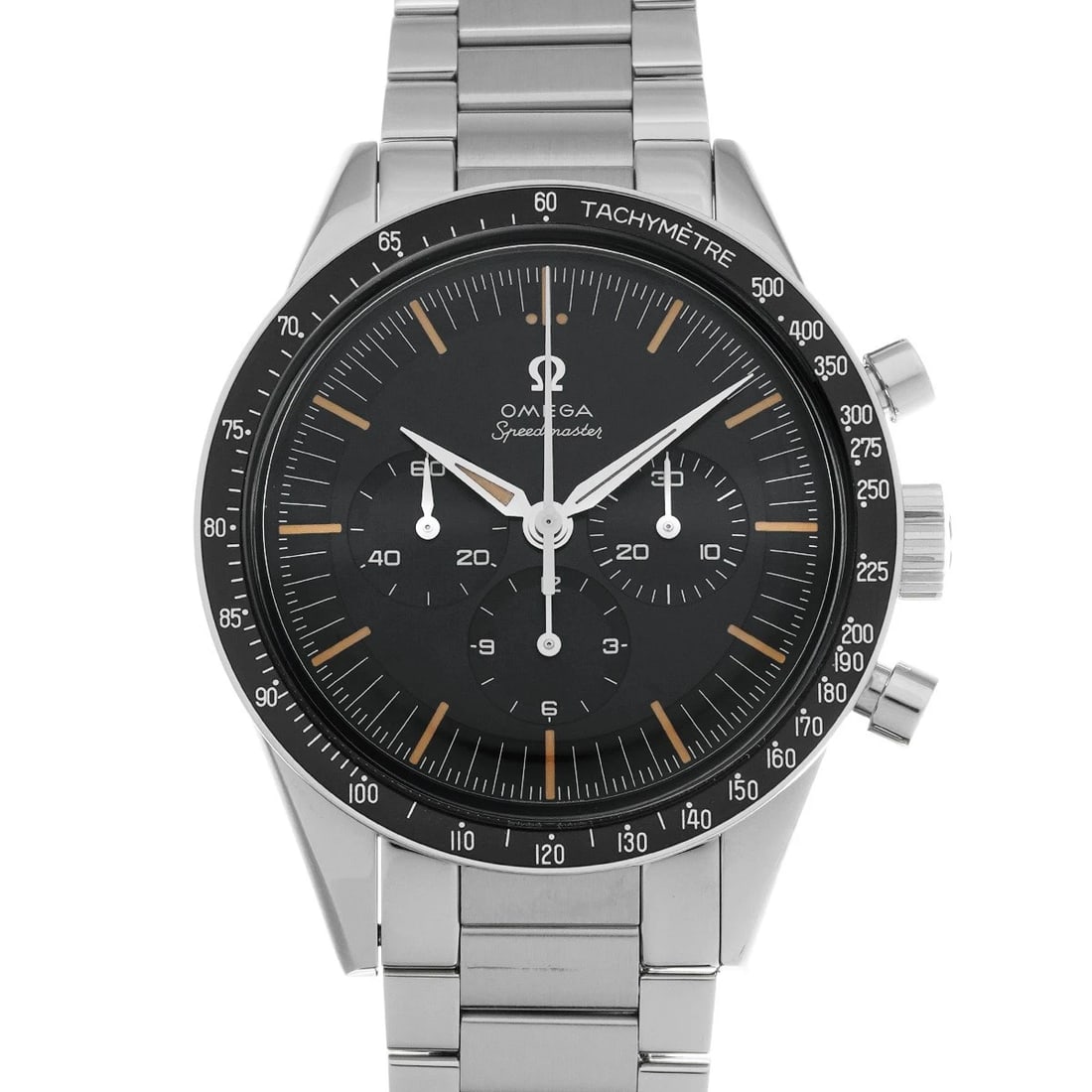 OMEGA SPEEDMASTER IN SPACE CO AXIAL CHRONOMETER WATCH: OMEGA Speedmaster in Space Co axial Chronometer Watch Brand: OMEGA Type: Wristwatch Material: Band Material Stainless steel, Case Material Stainless steel Color: Dial Color Gray Blue Size: ??Case? H/a