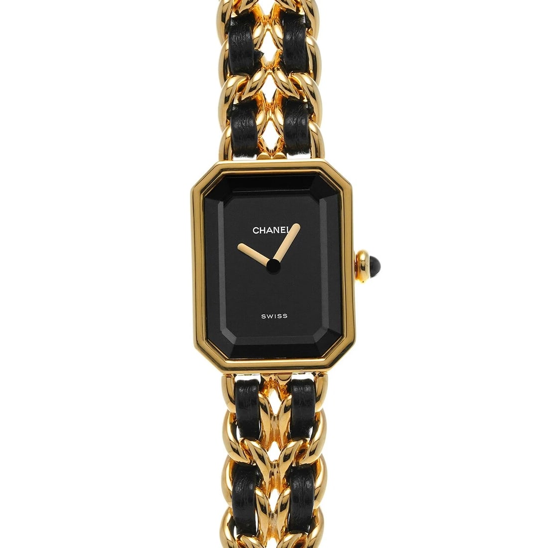 CHANEL PREMIRE BLACK WATCH: CHANEL Premire black Watch Brand: CHANEL Type: Wristwatch Material: Band Material Yellow gold plated/leather, Case Material Yellow gold plated Color: Dial Color black Size: ??Case? H/about 26mm