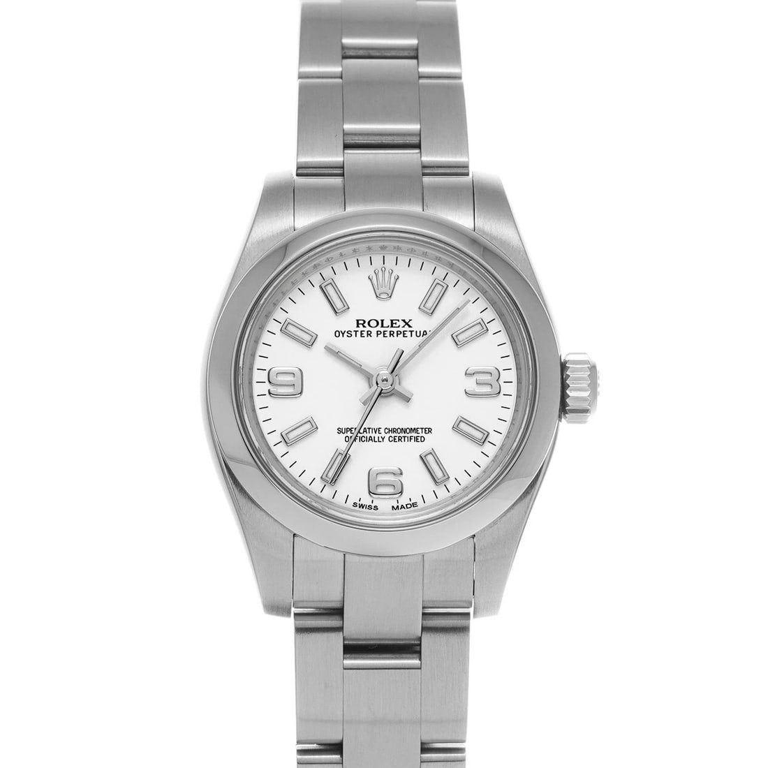 ROLEX OYSTER PERPETUAL WHITE WATCH: ROLEX Oyster Perpetual white Watch Brand: ROLEX Type: Wristwatch Material: Band Material NONE, Case Material Stainless steel Color: Dial Color white Size: ??Case? H/about 26mm W/about 26mm D/about 10.