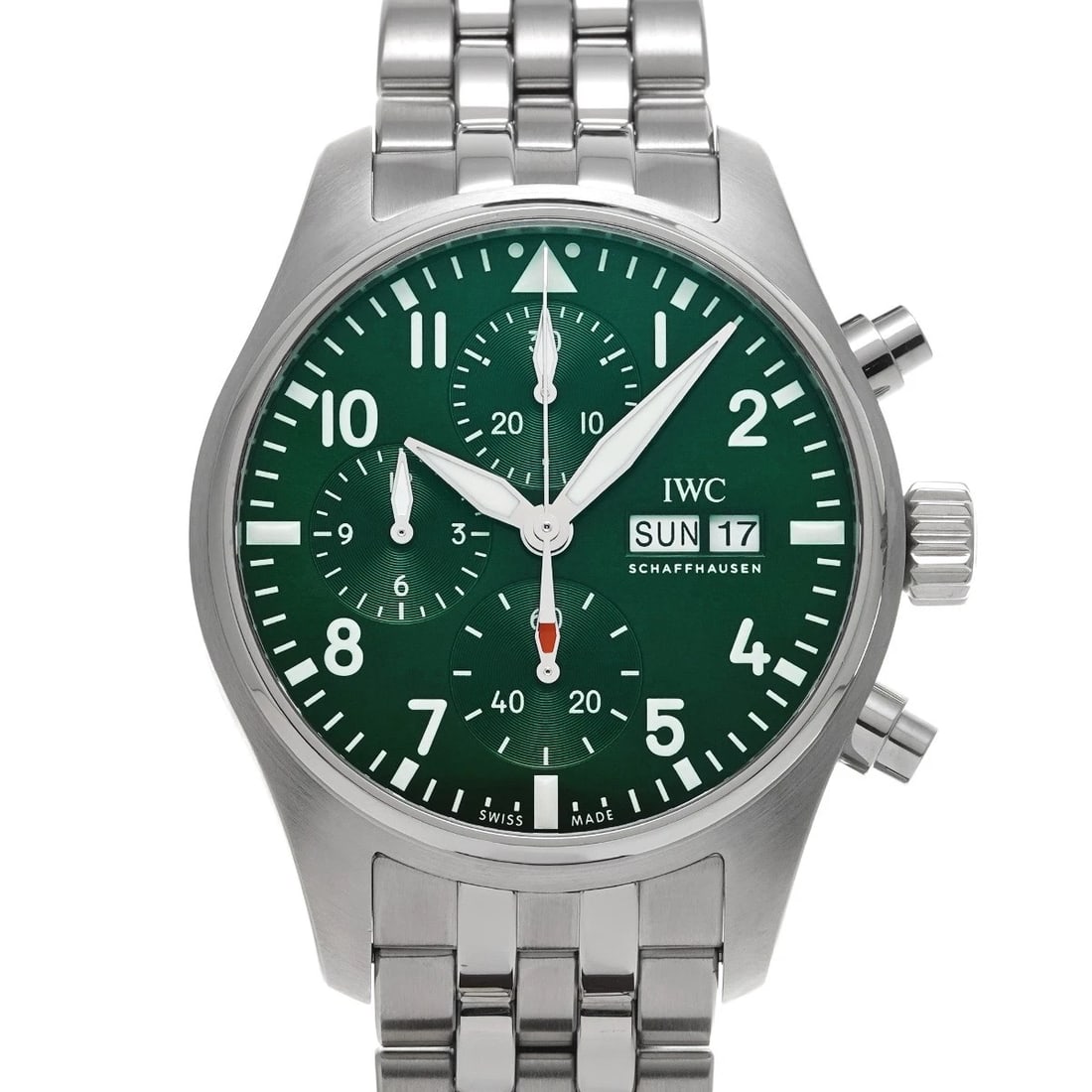 IWC PILOT WATCH CHRONOGRAPH GREEN WATCH: IWC Pilot watch Chronograph green Watch Brand: IWC Type: Wristwatch Material: Band Material Stainless steel, Case Material Stainless steel Color: Dial Color green Size: ??Case? H/about 41mm W/about 41