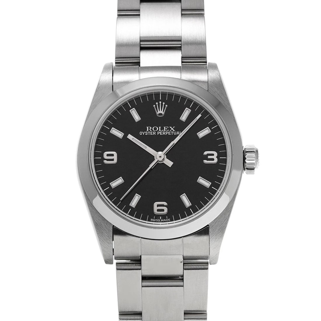 ROLEX OYSTER PERPETUAL BLACK WATCH: ROLEX Oyster Perpetual black Watch Brand: ROLEX Type: Wristwatch Material: Band Material Stainless steel, Case Material Stainless steel Color: Dial Color black Size: ??Case? H/about 31mm W/about 31mm 