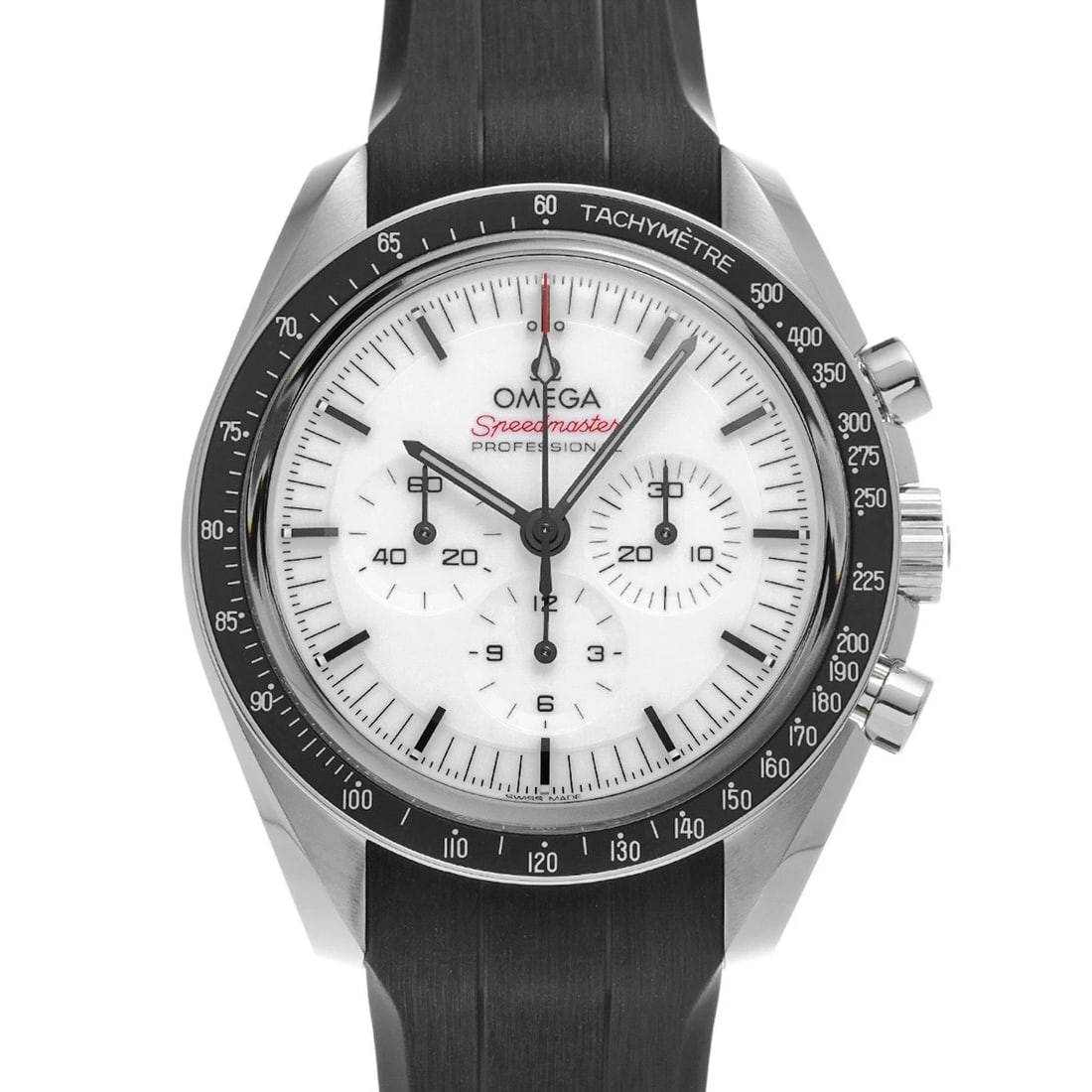 OMEGA SPEEDMASTER PROFESSIONAL CO AXIAL WHITE WATCH: OMEGA Speedmaster Professional Co axial white Watch Brand: OMEGA Type: Wristwatch Material: Band Material rubber, Case Material Stainless steel Color: Dial Color white Size: ??Case? H/about 42mm W/abo