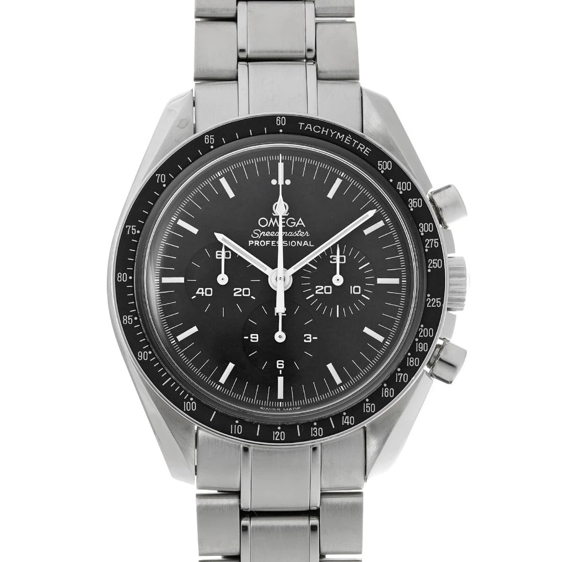 OMEGA SPEEDMASTER PROFESSIONAL BLACK WATCH: OMEGA Speedmaster Professional black Watch Brand: OMEGA Type: Wristwatch Material: Band Material Stainless steel, Case Material Stainless steel Color: Dial Color black Size: ??Case? H/about 42mm W/abo