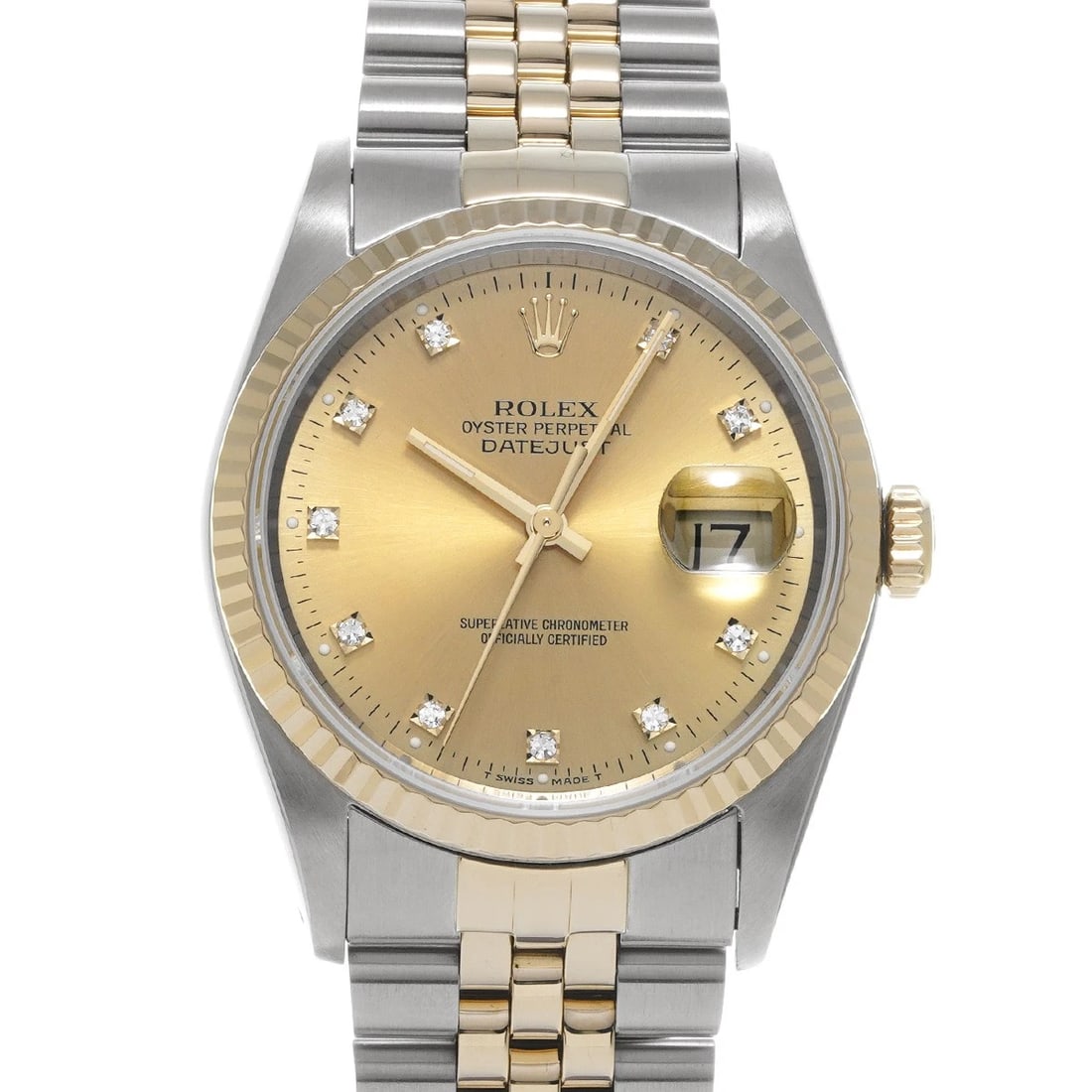ROLEX DATEJUST CHAMPAGNE DIAMOND WATCH: ROLEX Datejust Champagne diamond Watch Brand: ROLEX Type: Wristwatch Material: Band Material Stainless steel/Yellow Gold, Case Material Stainless steel Color: Dial Color Champagne/diamond Size: ??Case