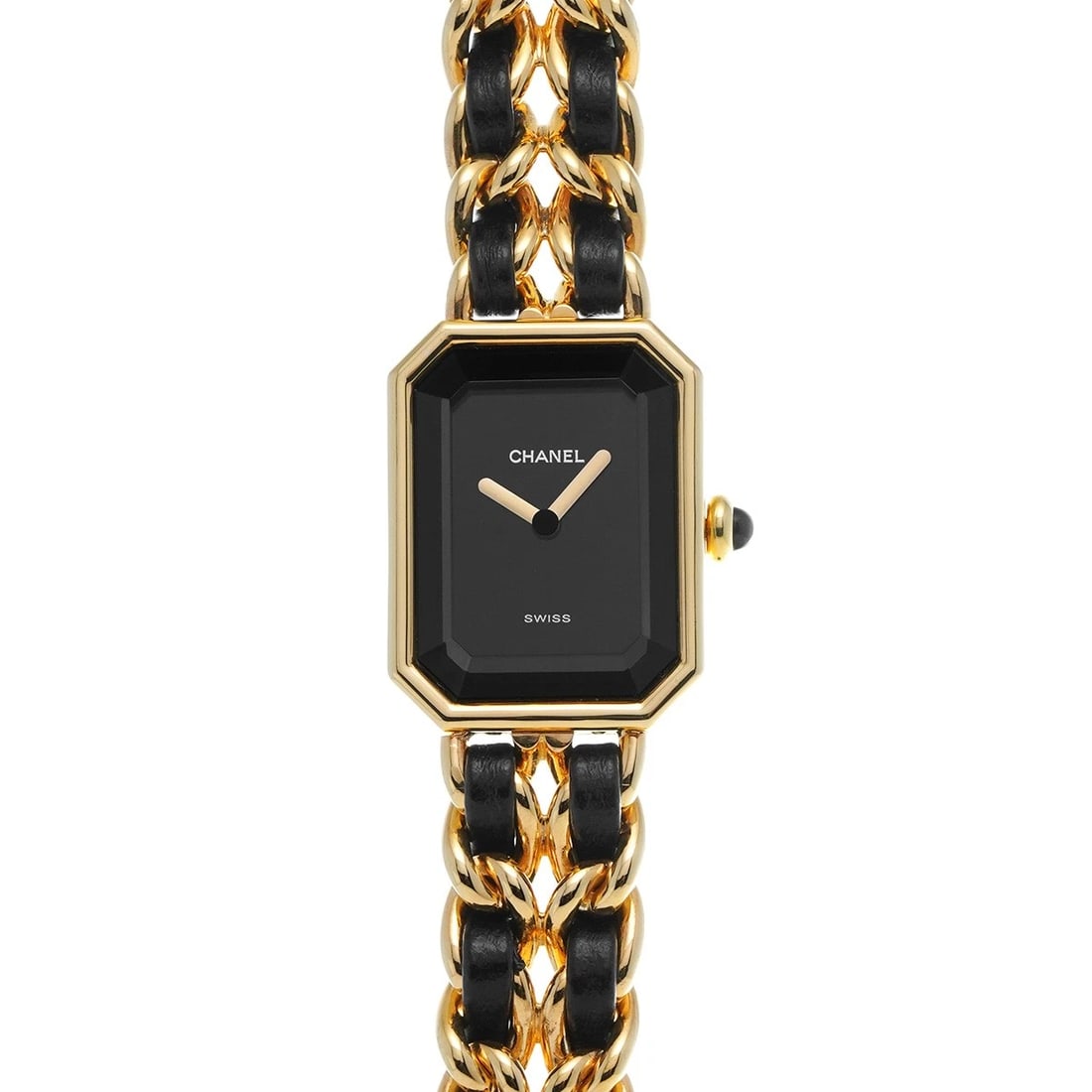 CHANEL PREMIRE BLACK WATCH: CHANEL Premire black Watch Brand: CHANEL Type: Wristwatch Material: Band Material Yellow gold plated/leather, Case Material Yellow gold plated Color: Dial Color black Size: ??Case? H/about 26mm W/abou