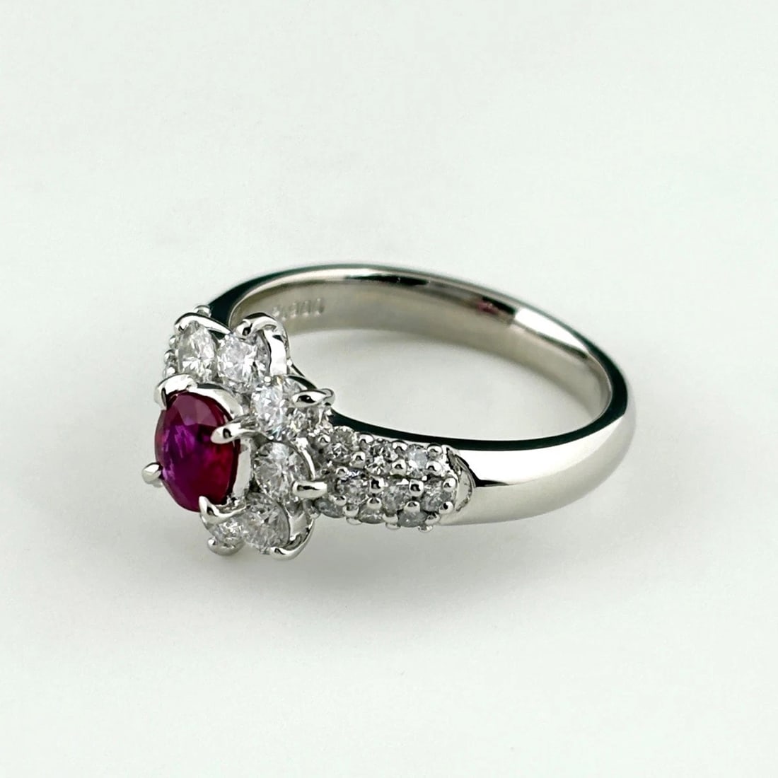 FLOWER MOTIF DESIGN RING PLATINUM RUBY MELEE DIAMOND (1 of 2)