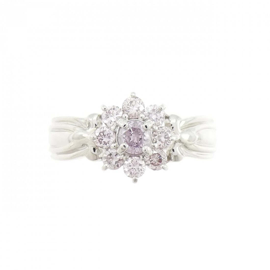PT900 FLOWER PINK DIAMOND RING: PT900 Flower Pink Diamond Ring Brand: Unbranded Type: Pink Diamond Ring Material: Platinum900, Main Stone/Creation Pink Diamond Color: Silver Size: US 6 1/4 Accessories: None Accessories Notice: When