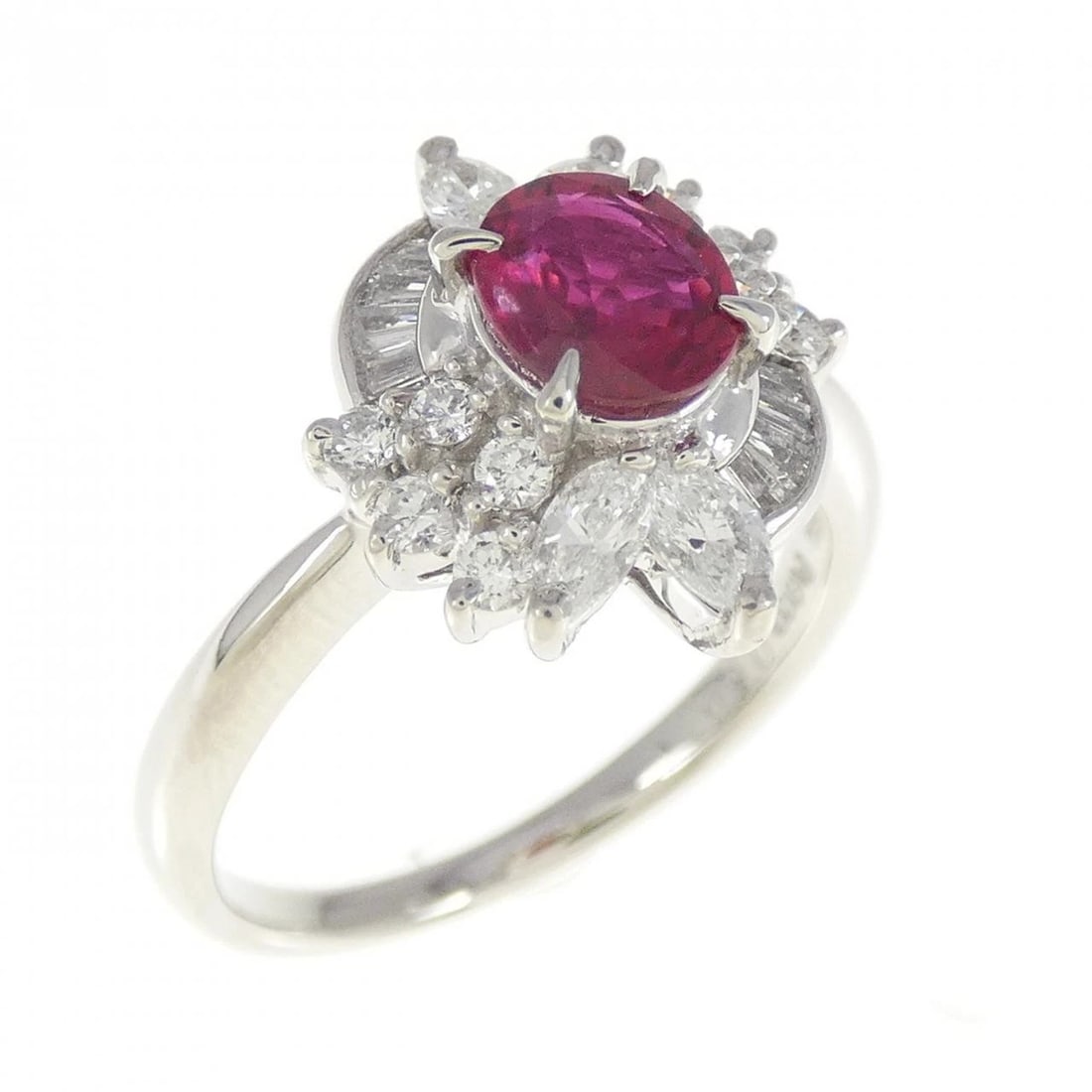 PT900 RUBY RING: PT900 Ruby Ring Brand: Unbranded Type: Ruby ring Material: Platinum900, Main Stone/Creation RubySecondary Stone Diamond Color: Platinum Size: US 5 3/4 Accessories: None Accessories Notice: When