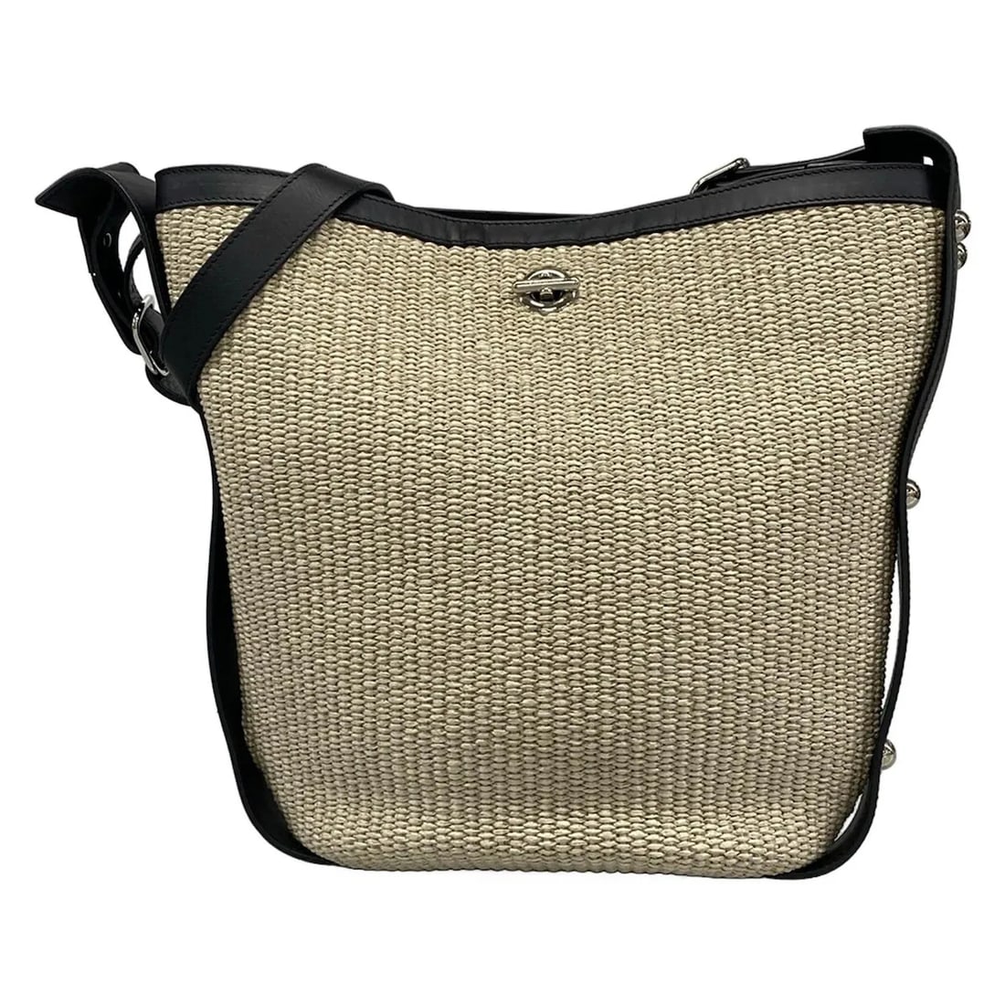 BALENCIAGA CREAM BLACK RAFFIA LEATHER WOSHOULDER BAG: BALENCIAGA Cream Black Raffia Leather WoShoulder Bag Brand: BALENCIAGA Type: Shoulder Bag Material: Exterior Material Raffia, Leather Color: Exterior Color Cream, Black Size: Height : 11.81 inch" (30 