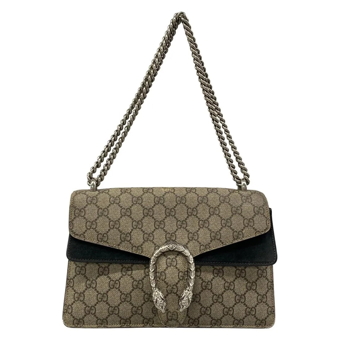 GUCCI DIONYSUS, GG SUPREME BEIGE EBONY SHOULDER BAG: GUCCI Dionysus, GG Supreme Beige Ebony Shoulder Bag Brand: GUCCI Type: Shoulder Bag Material: Exterior Material PVC, Suede Color: Exterior Color Beige, Ebony, Black Size: Height : 7.09 inch (18 cm) Wi