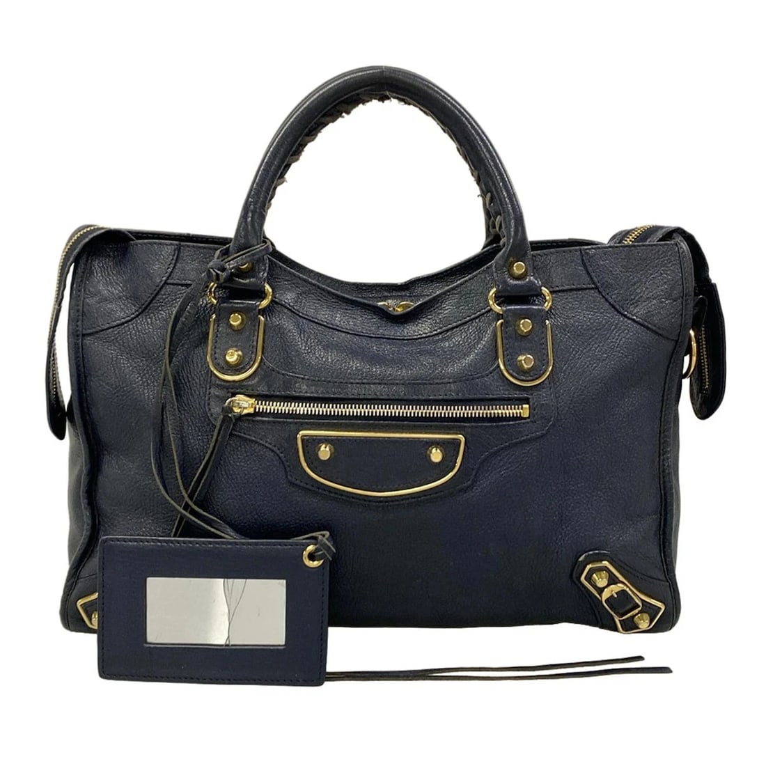 BALENCIAGA CLASSIC METALLIC EDGE CITY NAVY LEATHER HANDBAG: BALENCIAGA Classic Metallic Edge City Navy Leather Handbag Brand: BALENCIAGA Type: Handbag Material: Exterior Material Leather Color: Exterior Color Navy Size: Height : 9.25 inch (23.5 cm) Width : 16.