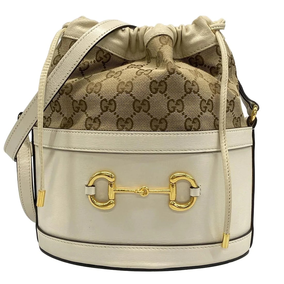 GUCCI HORSEBIT BUCKET BAG: GUCCI Horsebit Bucket Bag Brand: GUCCI Type: Shoulder Bag Material: Exterior Material Leather, Jacquard Color: Exterior Color Cream, Dark Brown, Beige Size: Height : 10.24 inch (26 cm) Width : 10.83 i