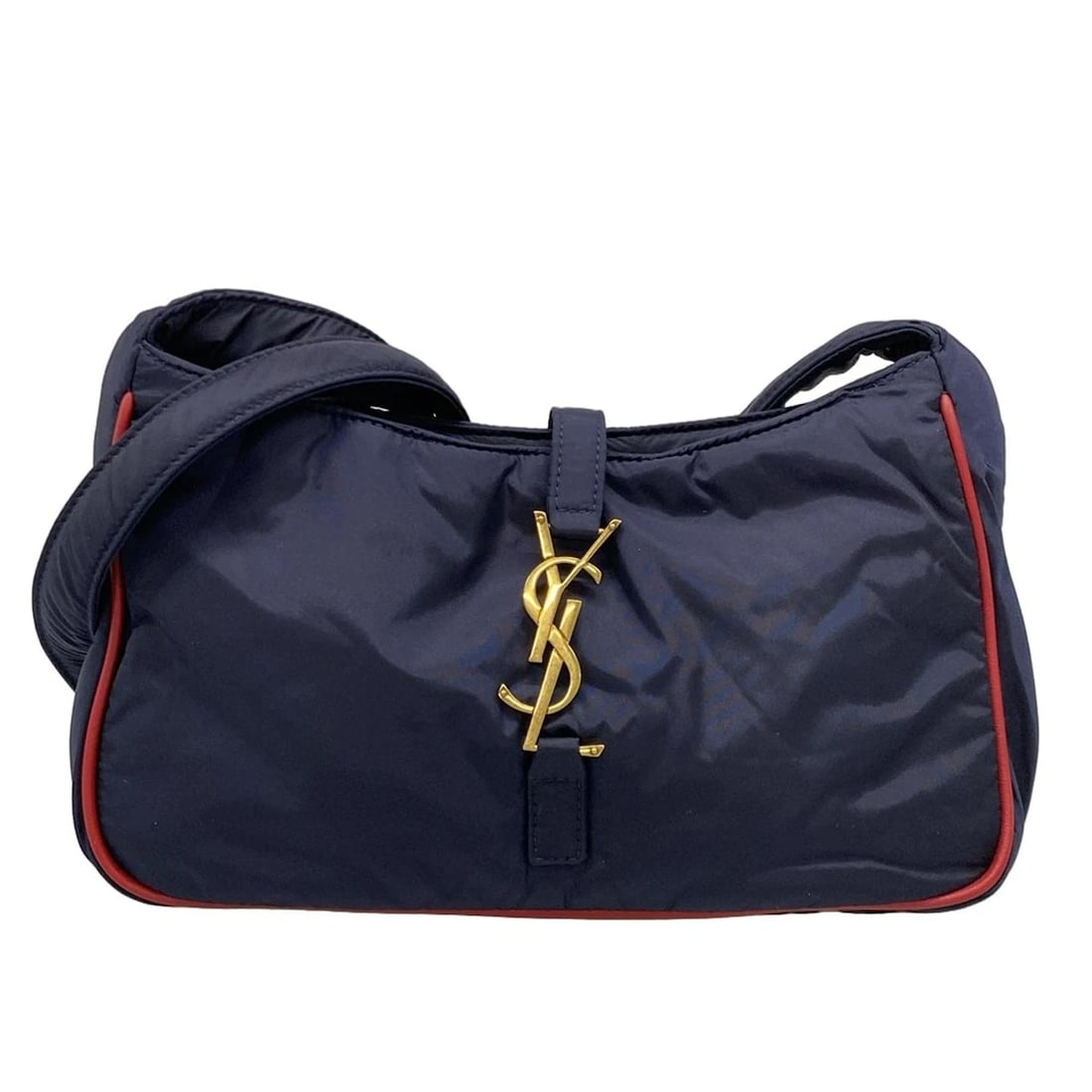 SAINT LAURENT SANCASSET SHOULDER BAG: SAINT LAURENT SANCASSET SHOULDER BAG Brand: SAINT LAURENT PARIS Type: Shoulder Bag Material: Exterior Material Nylon, Leather Color: Exterior Color Navy, Red Size: Height : 5.31 inch (13.5 cm) Width :