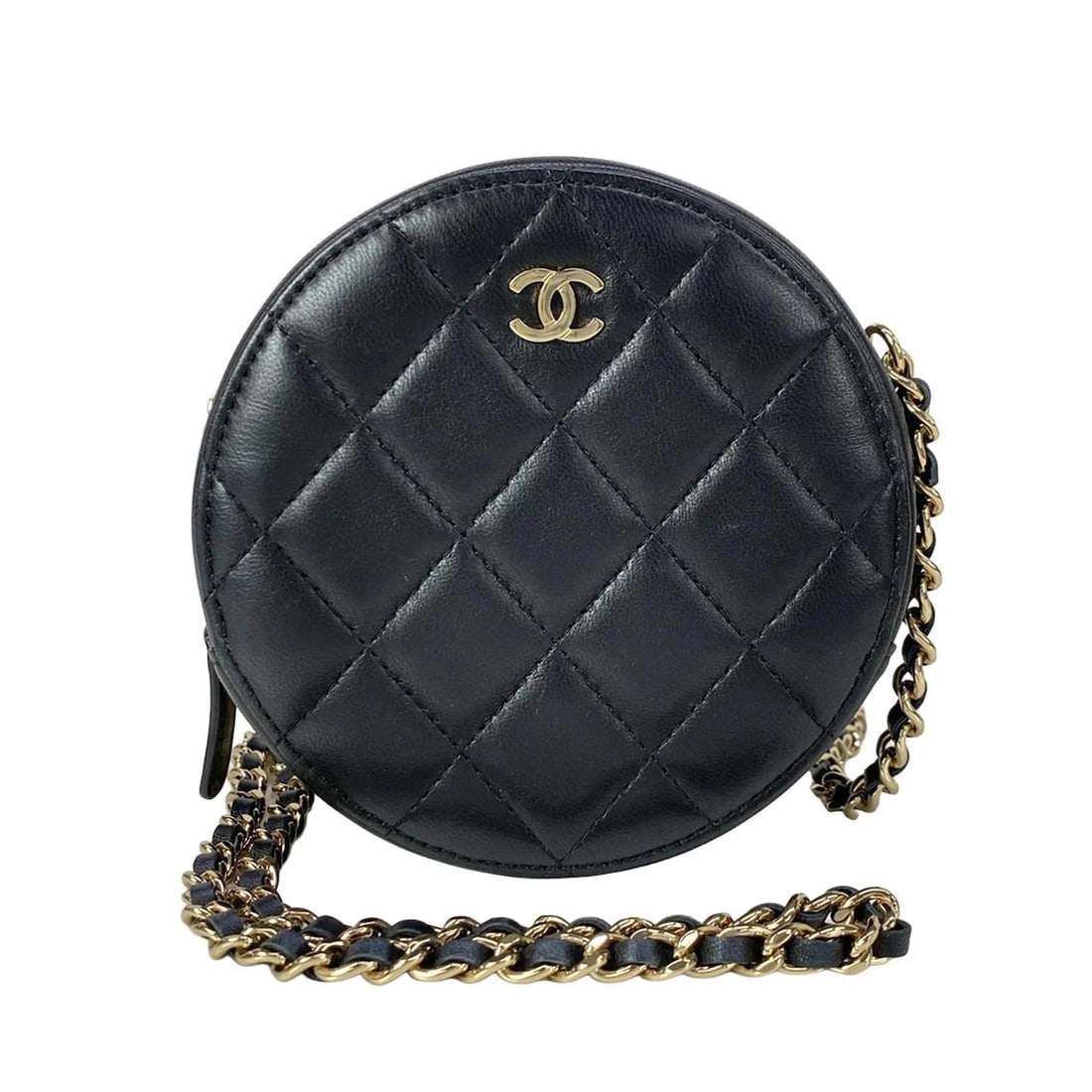 CHANEL MATELASSÉ ROUND MINI POCHETTE BLACK LAMBSKIN SHOULDER BAG: CHANEL Matelassé Round Mini Pochette Black Lambskin Shoulder Bag Brand: CHANEL Type: Shoulder Bag Material: Exterior Material Lambskin Color: Exterior Color Black Size: Height : 4.72 inch" (12 cm) Wi
