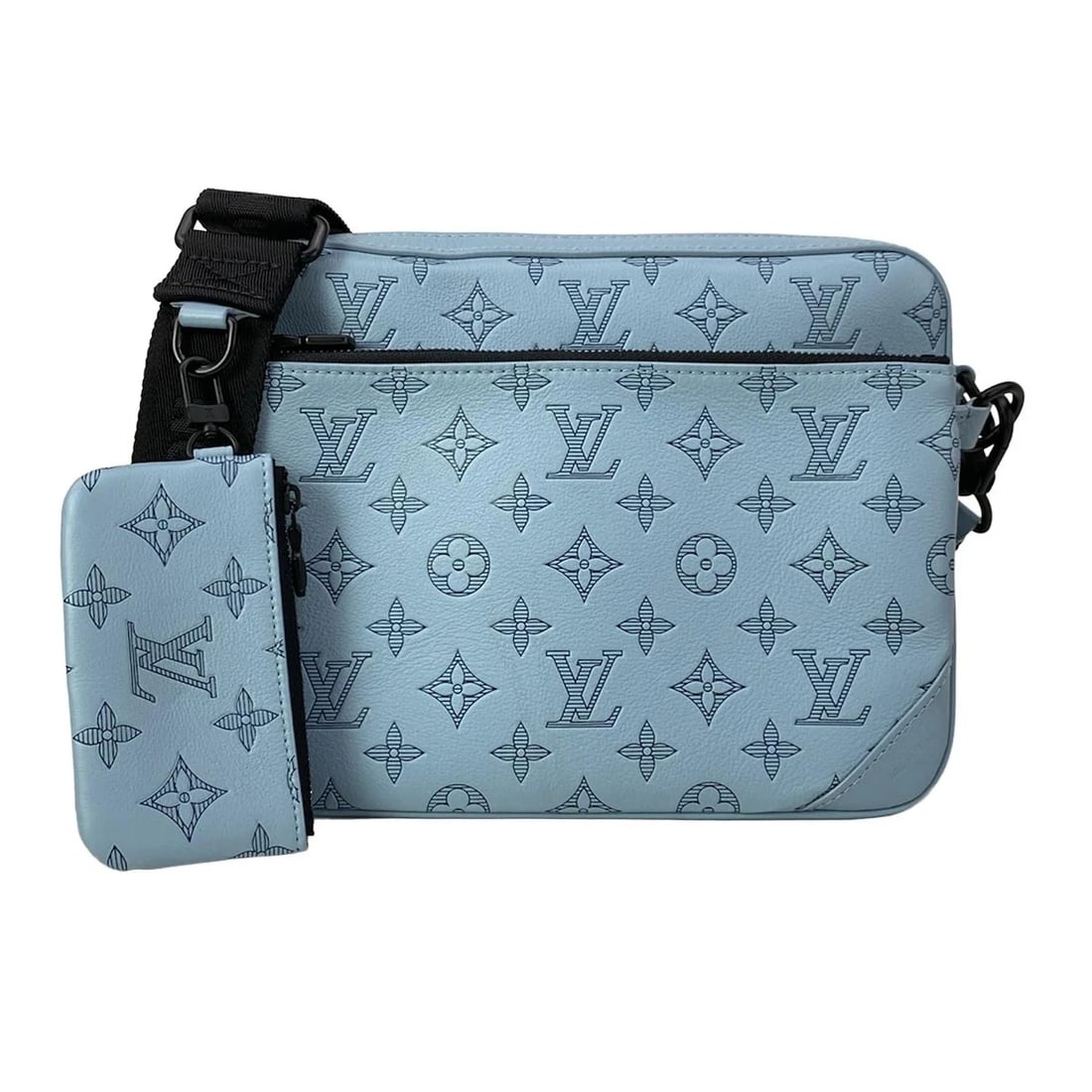LOUIS VUITTON TRIO MESSENGER SKY BLUE TAIGARAMA: LOUIS VUITTON Trio Messenger Sky Blue Taigarama Brand: LOUIS VUITTON Type: Shoulder Bag Material: Exterior Material Monogram shadow calf leather Color: Exterior Color Sky Blue Size: Height : 7.09 inch