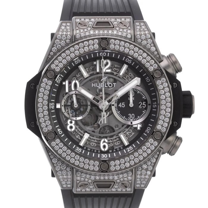 HUBLOT BIG BANG UNICO TITANIUM WATCH: HUBLOT Big Bang Unico Titanium Watch Brand: HUBLOT Type: Wristwatch Material: Case Material Titanium, Band Material Rubber Color: Case Color Silver, Dial Color Skeleton, Band color Black Size: Case