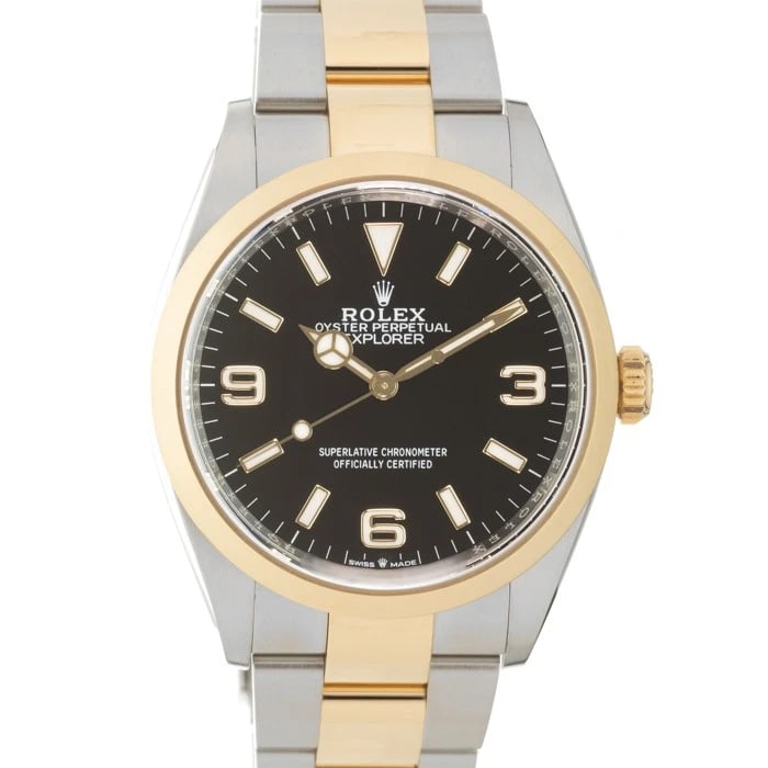 ROLEX EXPLORER BLACK WATCH: ROLEX Explorer Black Watch Brand: ROLEX Type: Wristwatch Material: Case Material Stainless Steel, Yellow Gold, Band Material Stainless Steel, Yellow Gold Color: Case Color Silver, Gold, Dial Color