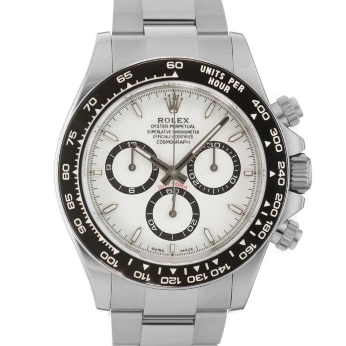 ROLEX DAYTONA WHITE WATCH: ROLEX Daytona White Watch Brand: ROLEX Type: Wristwatch Material: Case Material Stainless Steel, Band Material Stainless Steel Color: Case Color Silver, Dial Color White, Band color Silver Size: Case 