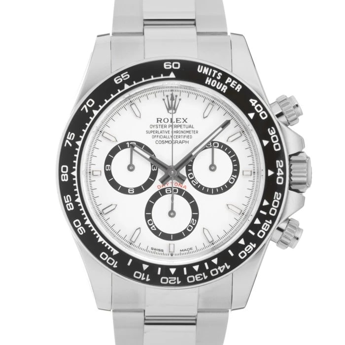 ROLEX DAYTONA WHITE WATCH: ROLEX Daytona White Watch Brand: ROLEX Type: Wristwatch Material: Case Material Stainless Steel, Band Material Stainless Steel Color: Case Color Silver, Dial Color White, Band color Silver Size: Case 