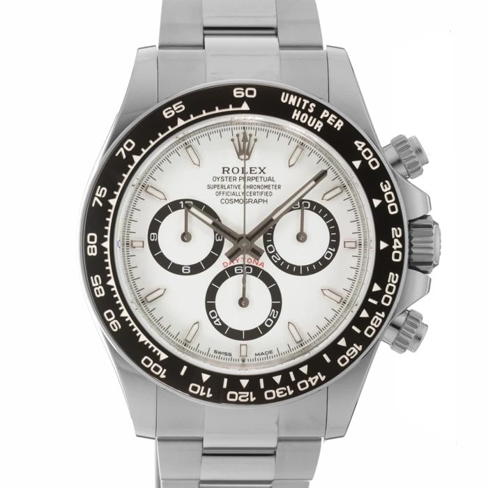 ROLEX DAYTONA WHITE WATCH: ROLEX Daytona White Watch Brand: ROLEX Type: Wristwatch Material: Case Material Stainless Steel, Band Material Stainless Steel Color: Case Color Silver, Dial Color White, Band color Silver Size: Case 