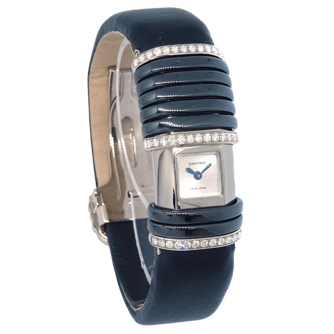 CARTIER DECLARATION QUARTZ WATCH SS 18KWG DIAMOND BLACK WATCH: Cartier Declaration Quartz Watch SS 18KWG Diamond Black Watch Brand: Cartier Type: Wristwatch Material: Case Material Stainless Steel, 18KYG, Band Material Leather Color: Case Color Gold, Silver, Dial