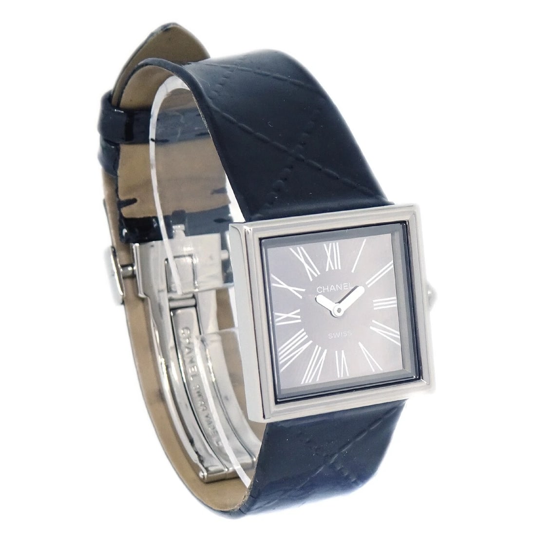 CHANEL MADEMOISELLE QUARTZ WATCH SS BLACK WATCH: Chanel Mademoiselle Quartz Watch SS Black Watch Brand: CHANEL Type: Wristwatch Material: Case Material Stainless Steel, Band Material Leather Color: Case Color Silver, Dial Color Silver, Band color Bl