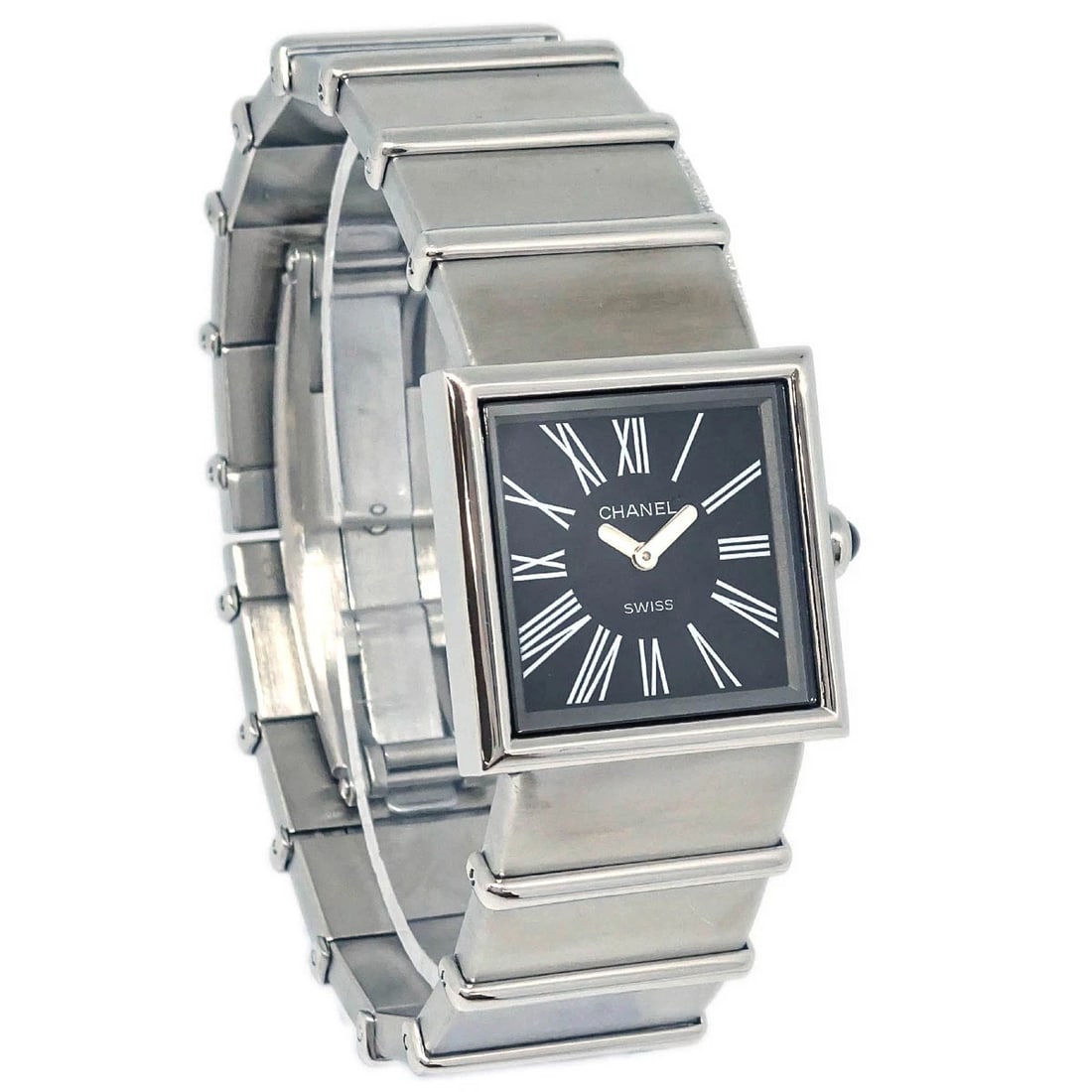 CHANEL MADEMOISELLE QUARTZ WATCH SS WATCH: Chanel Mademoiselle Quartz Watch SS Watch Brand: CHANEL Type: Wristwatch Material: Case Material Stainless Steel, Band Material Stainless Steel Color: Case Color Silver, Dial Color Black, Band color S