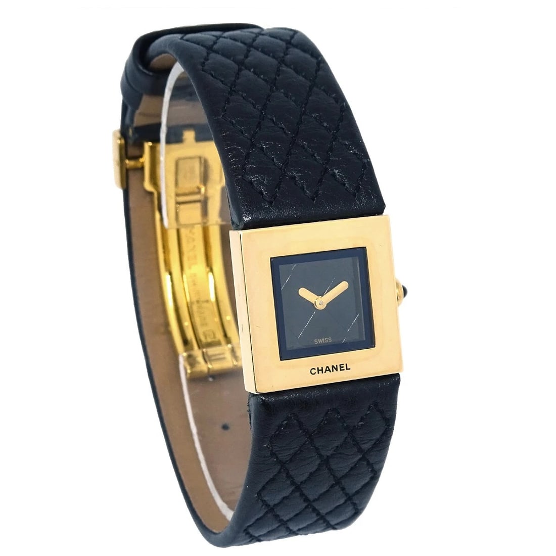 CHANEL MATELASSE WATCH 18KYG BLACK WATCH: Chanel Matelasse Watch 18KYG Black Watch Brand: CHANEL Type: Wristwatch Material: Case Material 18KYG, Band Material Leather Color: Case Color Gold, Dial Color Black, Band color Black Size: Case: W 19