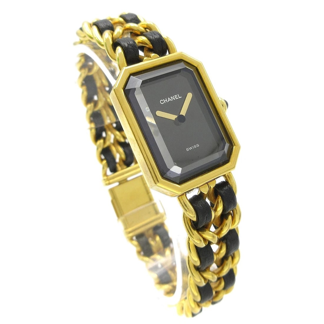 CHANEL PREMIERE QUARTZ WATCH: Chanel Premiere Quartz Watch Brand: CHANEL Type: Wristwatch Material: Case Material Gold Plated, Band Material Gold Plated, Leather Color: Case Color Black, Gold, Dial Color Black, Gold, Band color Bl