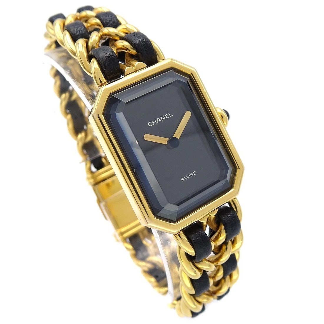 CHANEL PREMIERE QUARTZ WATCH: Chanel Premiere Quartz Watch Brand: CHANEL Type: Wristwatch Material: Case Material Gold Plated, Band Material Gold Plated, Leather Color: Case Color Black, Gold, Dial Color Black, Gold, Band color Bl