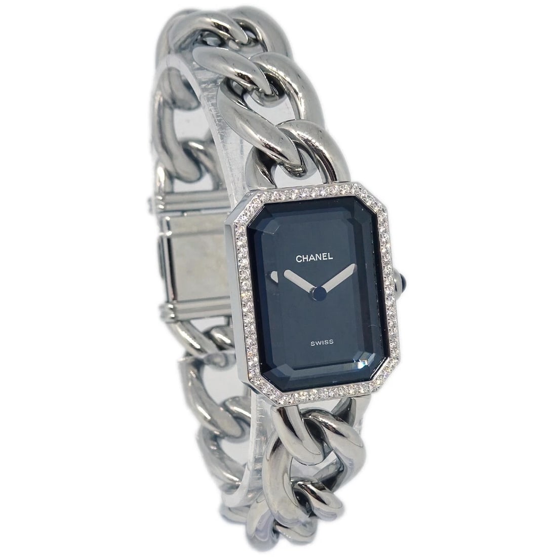 CHANEL PREMIERE WATCH SS DIAMOND WATCH: Chanel Premiere Watch SS Diamond Watch Brand: CHANEL Type: Wristwatch Material: Case Material Stainless Steel, Band Material Stainless Steel Color: Case Color Silver, Dial Color Black, Band color Silv