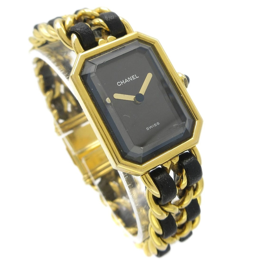 CHANEL PREMIERE QUARTZ WATCH: Chanel Premiere Quartz Watch Brand: CHANEL Type: Wristwatch Material: Case Material Gold Plated, Band Material Gold Plated, Leather Color: Case Color Black, Gold, Dial Color Black, Gold, Band color Bl