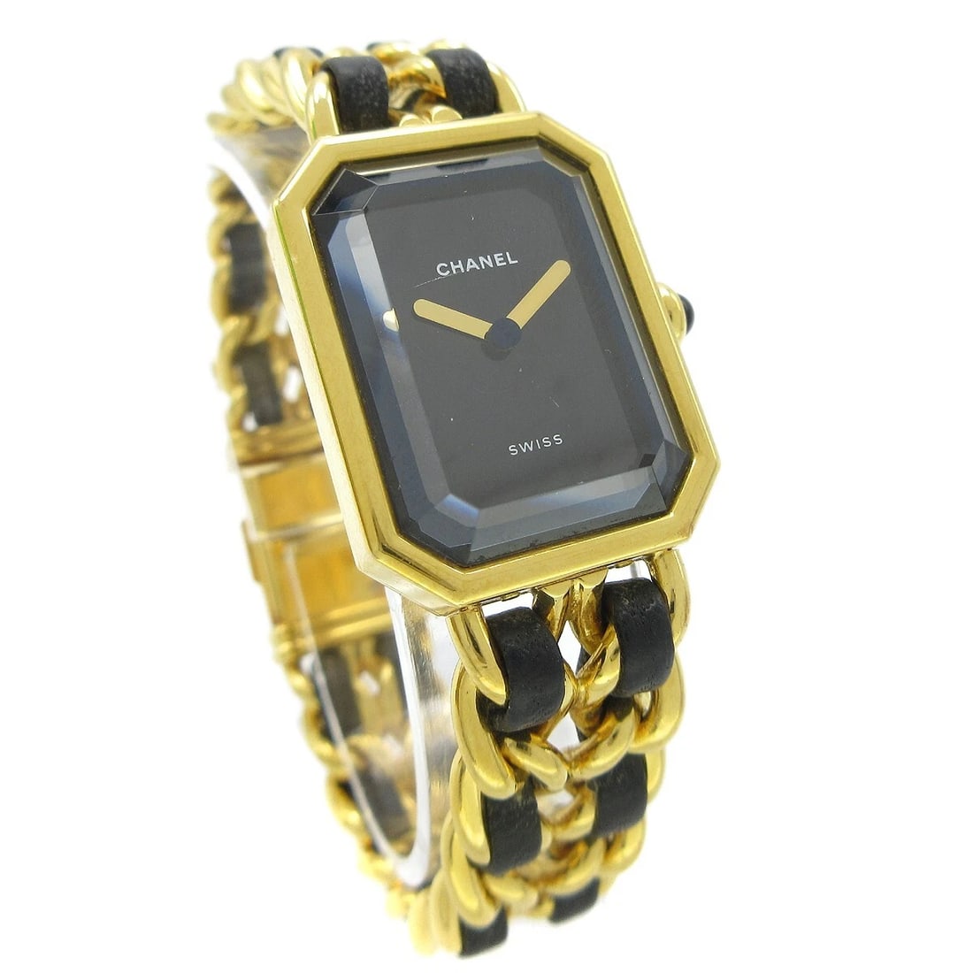 CHANEL PREMIERE QUARTZ WATCH: Chanel Premiere Quartz Watch Brand: CHANEL Type: Wristwatch Material: Case Material Gold Plated, Band Material Gold Plated, Leather Color: Case Color Black, Gold, Dial Color Black, Gold, Band color Bl