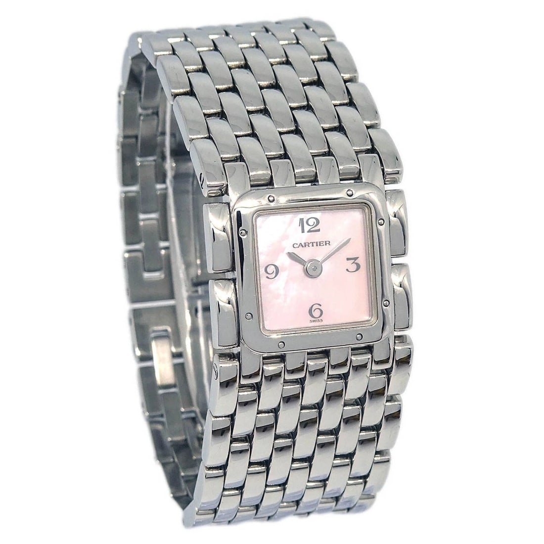 CARTIER PANTHERE RUBAN QUARTZ WATCH SS WATCH: Cartier Panthere Ruban Quartz Watch SS Watch Brand: Cartier Type: Wristwatch Material: Case Material Stainless Steel, Band Material Stainless Steel Color: Case Color Silver, Dial Color Pink, Band colo