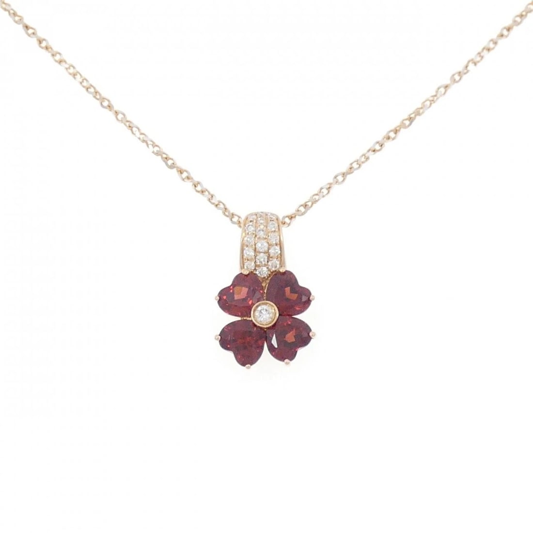 K18PG FLOWER GARNET NECKLACE: K18PG Flower Garnet Necklace Brand: Unbranded Type: Garnet Necklace Material: 18k Pink Gold, Main Stone/Creation Garnet Secondary Stone Diamond Color: Pink Gold Size: Actual Size Pendant length