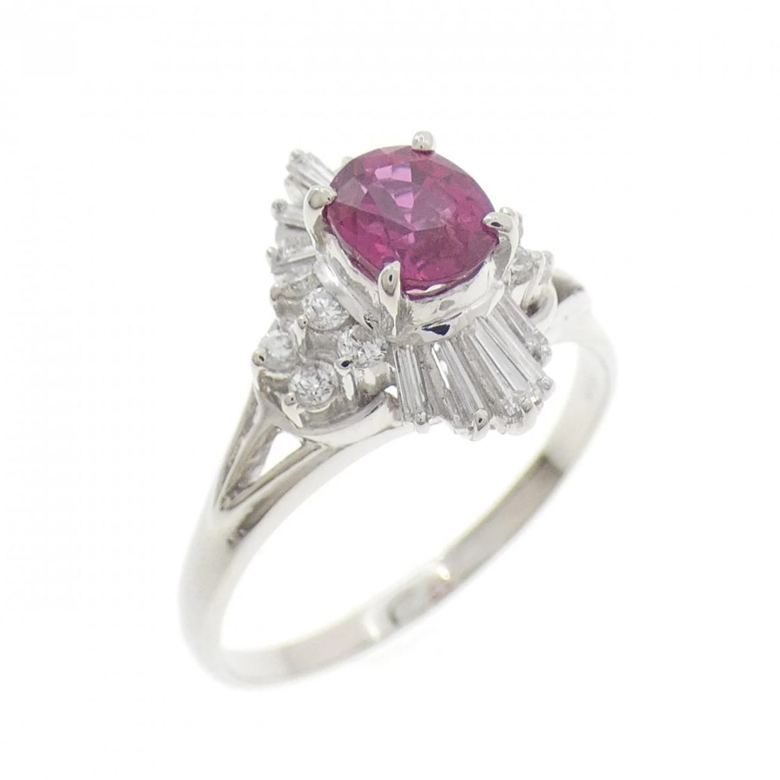 PT900 RUBY RING: PT900 Ruby Ring Brand: Unbranded Type: Ruby Ring Material: Platinum900, Main Stone/Creation RubySecondary Stone Diamond Color: Platinum Size: US 8 1/4 Accessories: None Accessories Notice: When