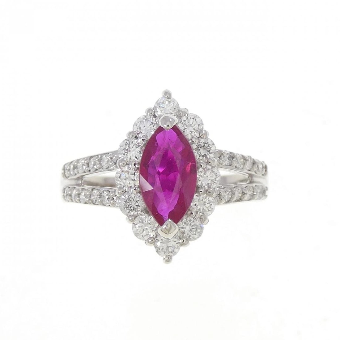 PT900 RUBY RING: PT900 Ruby Ring Brand: Unbranded Type: Ruby Ring Material: Platinum900, Main Stone/Creation Ruby Secondary stone diamond Color: Silver Size: US 7 1/4 Accessories: None Accessories Notice: When