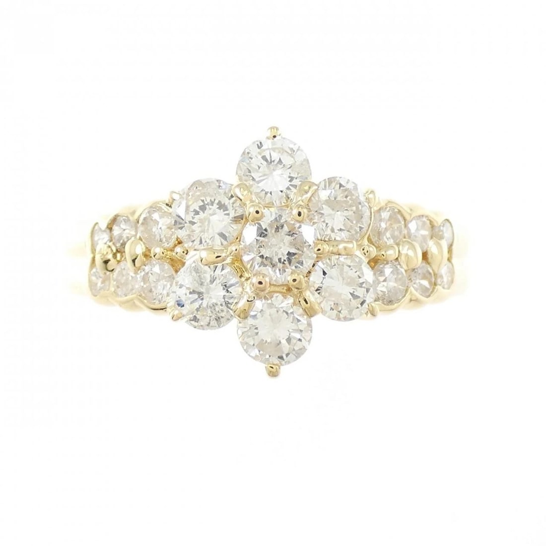 K18YG FLOWER DIAMOND RING: K18YG Flower Diamond Ring Brand: Unbranded Type: Diamond Ring Material: K18 yellow gold, Main Stone/Creation Natural Color: Yellow Gold Size: US 6 1/4 Accessories: None Accessories Notice: When