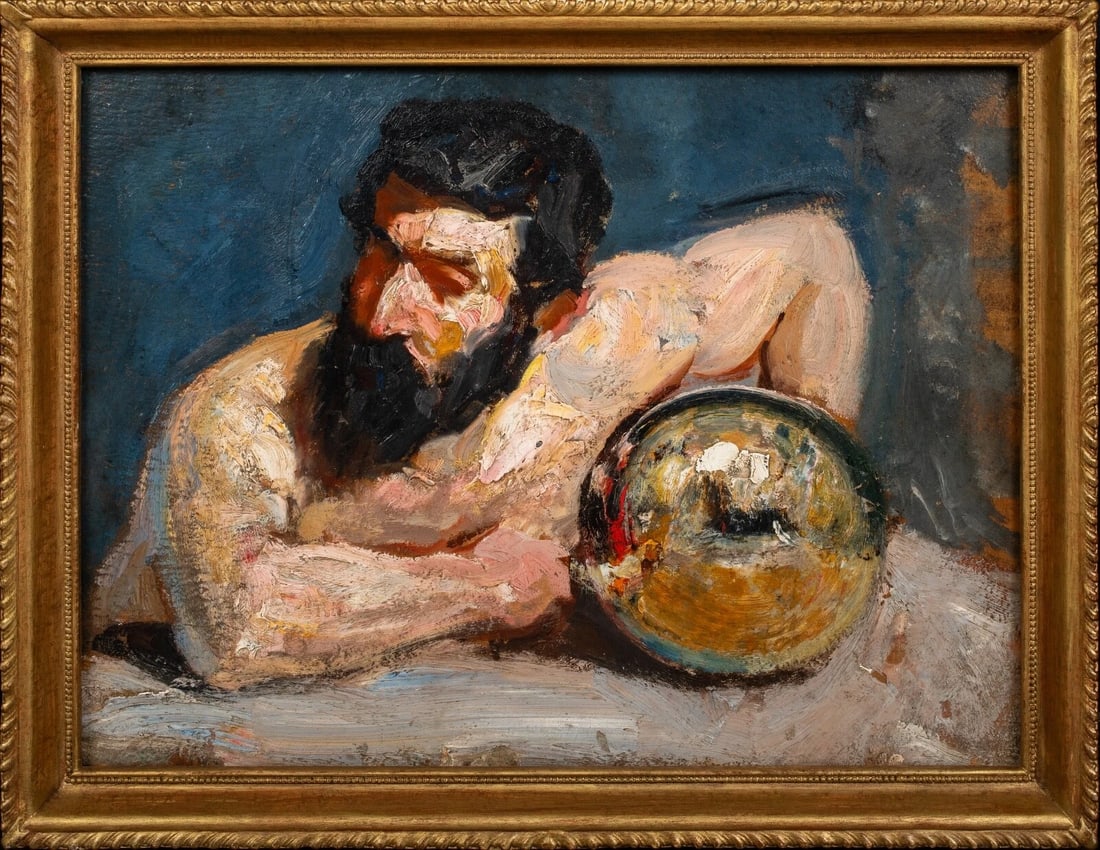 AION, GOD OF TIME & THE ORB OIL PAINTING: Year: 19th century Size: 19.5" x 16" Medium: Oil Description: Painting on panel, 19th-century French school illustration of Aion and the Orb. Superb quality and condition artistic portrayal of a guy d
