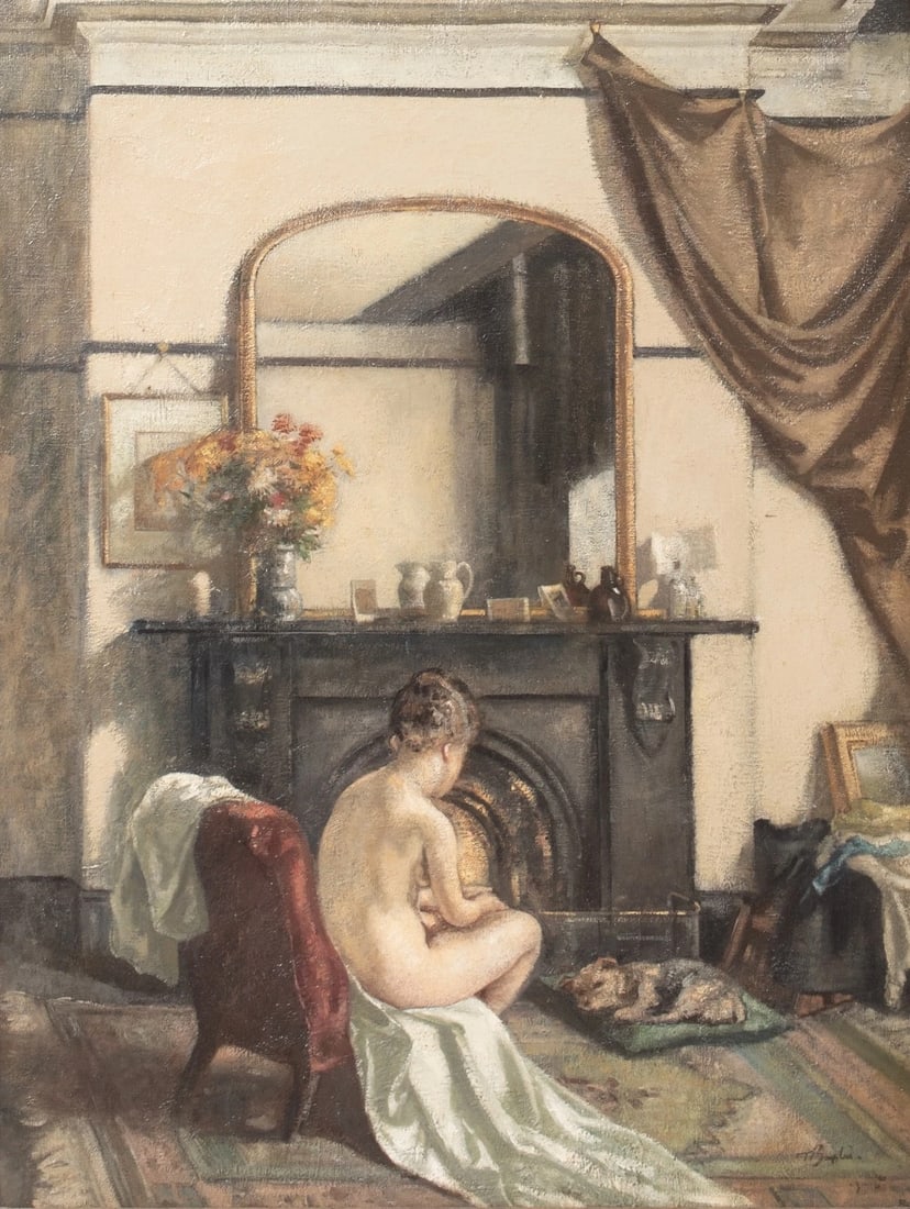 NUDE & DOG PORTRAIT OIL PAINTING: Year: 20th century Size: 38.5" x 30.5" Medium: Oil Description: Thomas Tennant Baxter's oil on canvas depicts a nude girl and her dog relaxing by the fireplace in this exquisite huge English Impressio