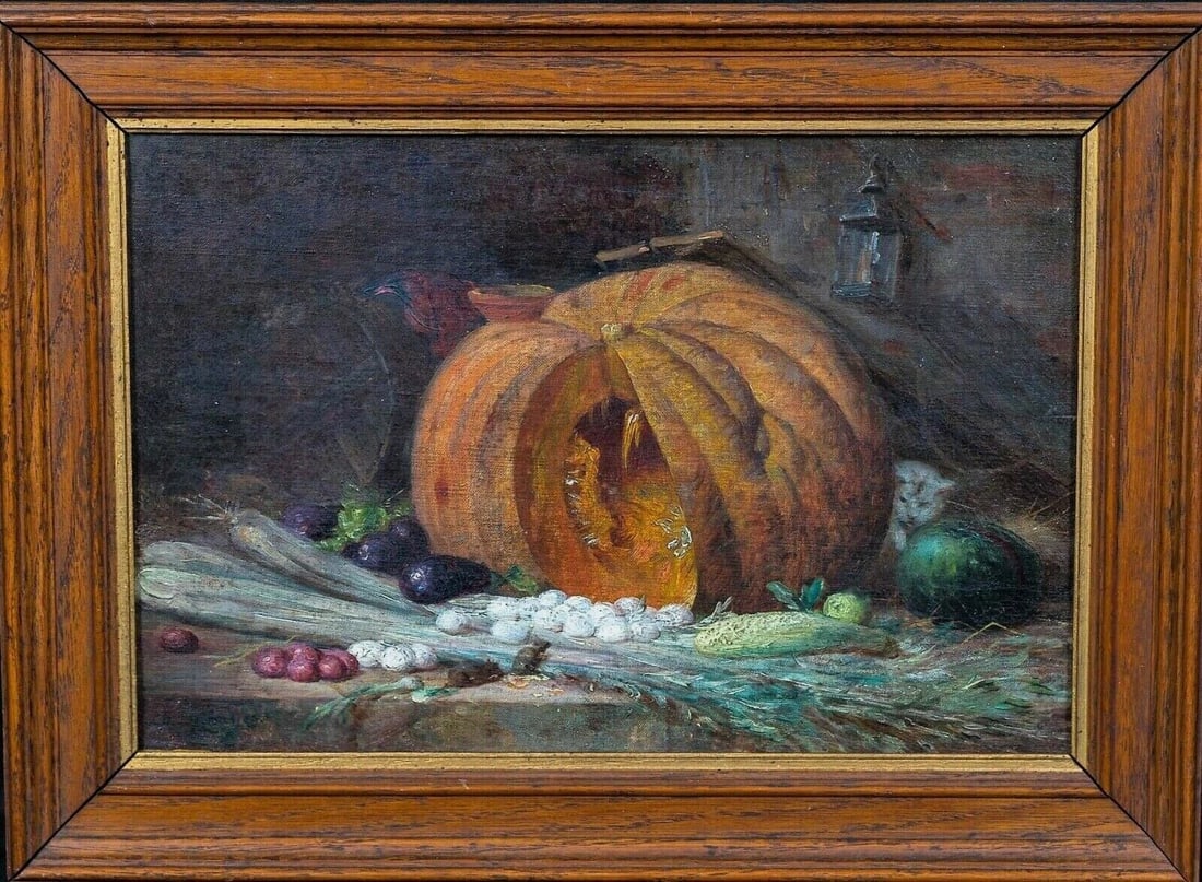 STILL OF A PUMPKIN, VARIOUS VEGETABLES, MICE, KITTEN AND BIRDS OIL PAINTING (1 of 9)
